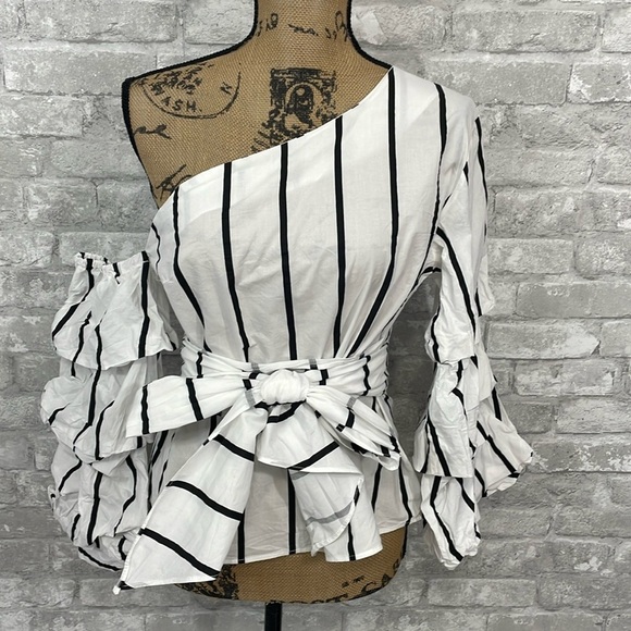 Renvy One Shoulder Stripe Belted Top - Picture 1 of 4